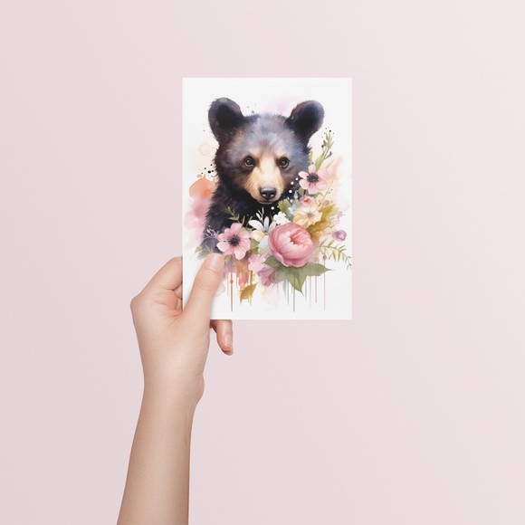 Watercolor Floral Black Bear Portrait Wall Art Illustration Print Unframed - Picture 5 of 5